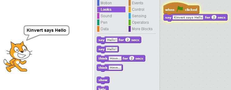 Kinvert shows block coding with Scratch doing Hello World visual program