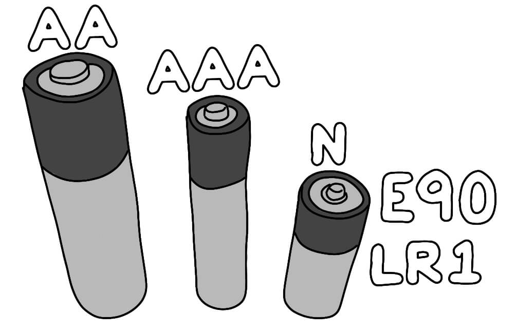 Battery size comparison between AA AAA and the Cozmo Vector cube battery N e90 and LR1 sizes