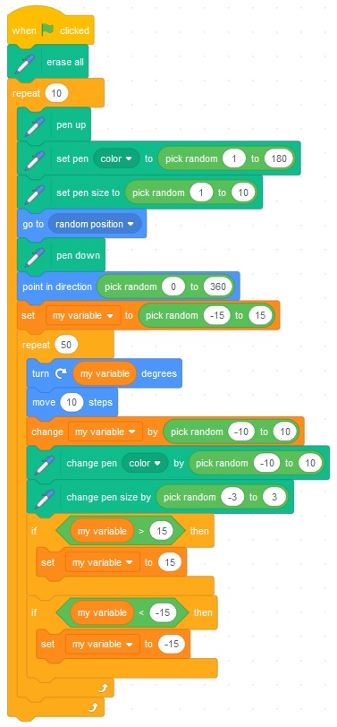 Block Coding MIT Scratch program to draw randomly with the pen in Scratch 3.0