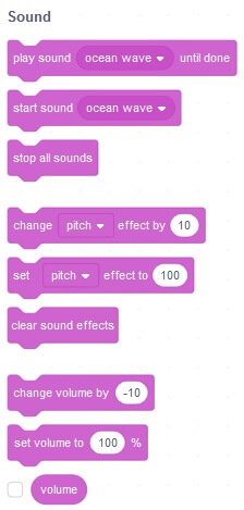 These are the sound blocks in Scratch 3.0 made by MIT there is a new sound block