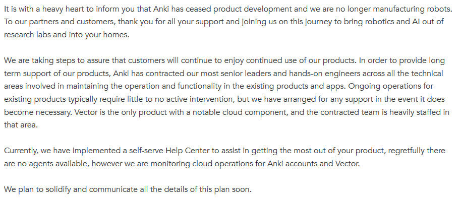 Anki closed and made an official statement anki is the maker of the anki cozmo robot